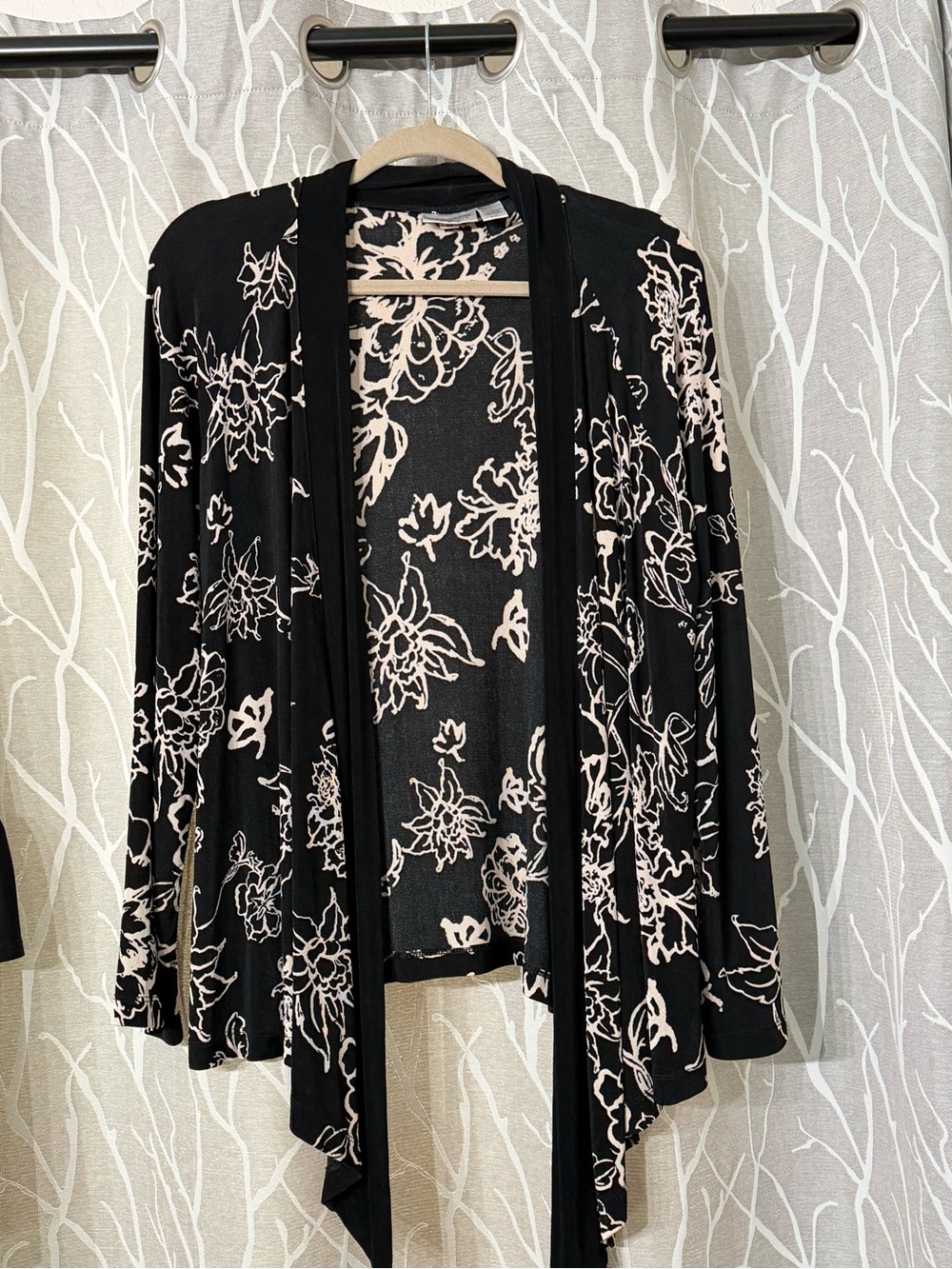 Chico's Black Cardigan with Pale Pink Floral Outline